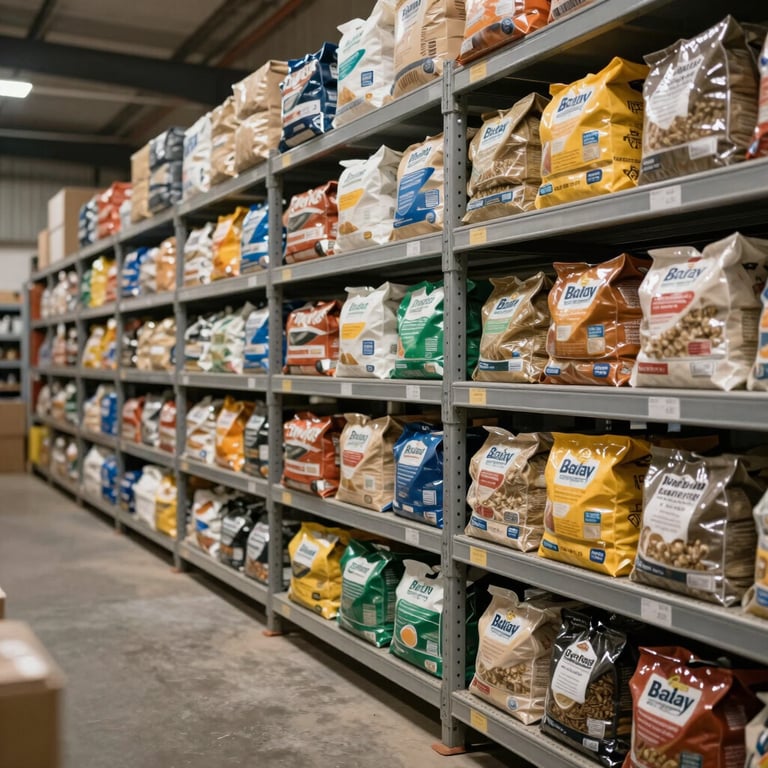 A clean, professional ranch storage facility with organized rows of feed products.