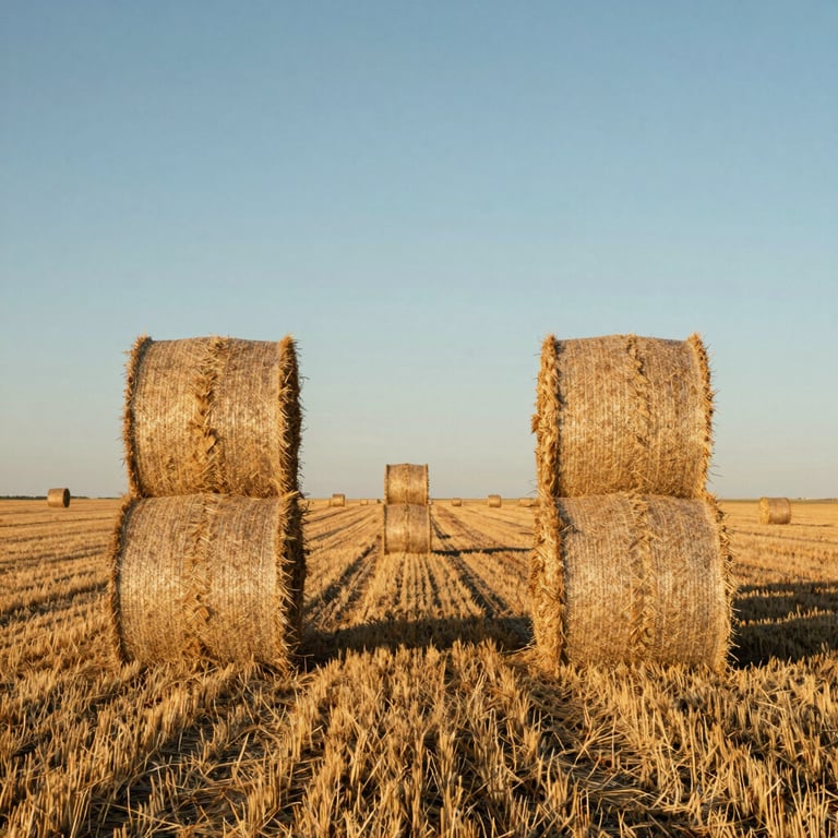 Symmetrically stacked wheat straw bales in a field under a morning sun, North American / Southwestern US.