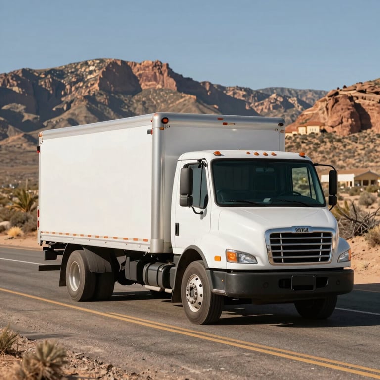 A professional white delivery truck transporting feed bales on a desert highway, Southwestern US architecture in background.
