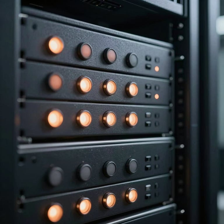 Macro photograph of a server rack with soft glowing indicators in a charcoal and terracotta-lit data center environment.