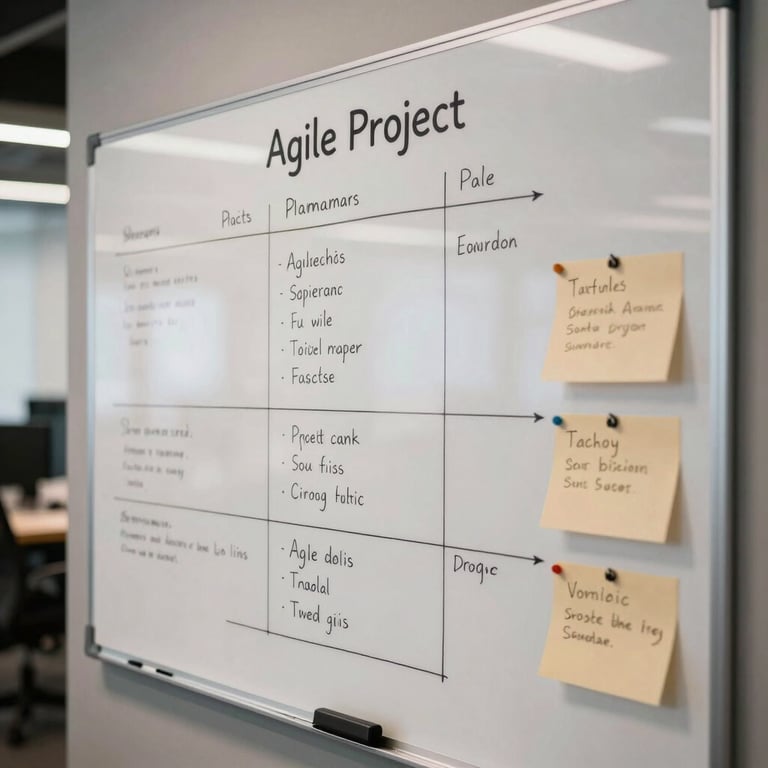 A detailed shot of a whiteboard filled with agile project planning notes in a modern Brazilian tech hub, charcoal and soft sand palette.