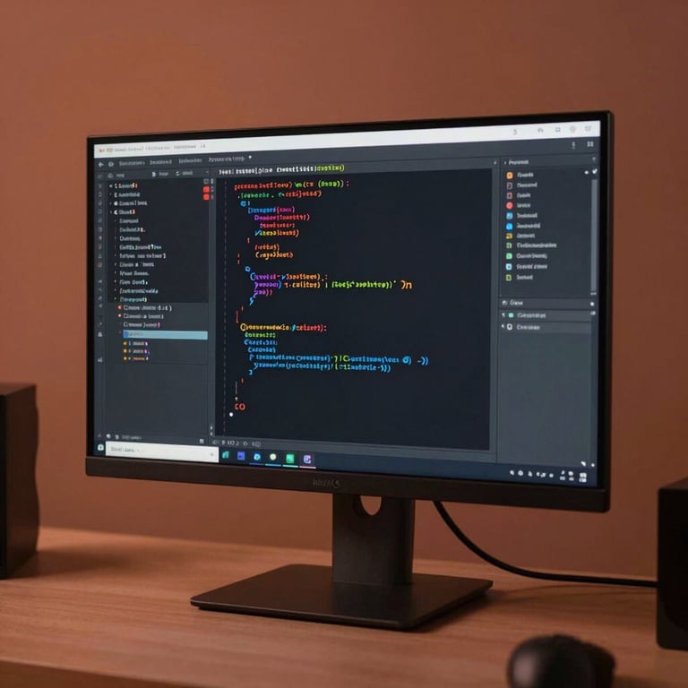 High-tech visualization of code being compiled on a monitor, with warm terracotta ambient lighting in a professional studio.
