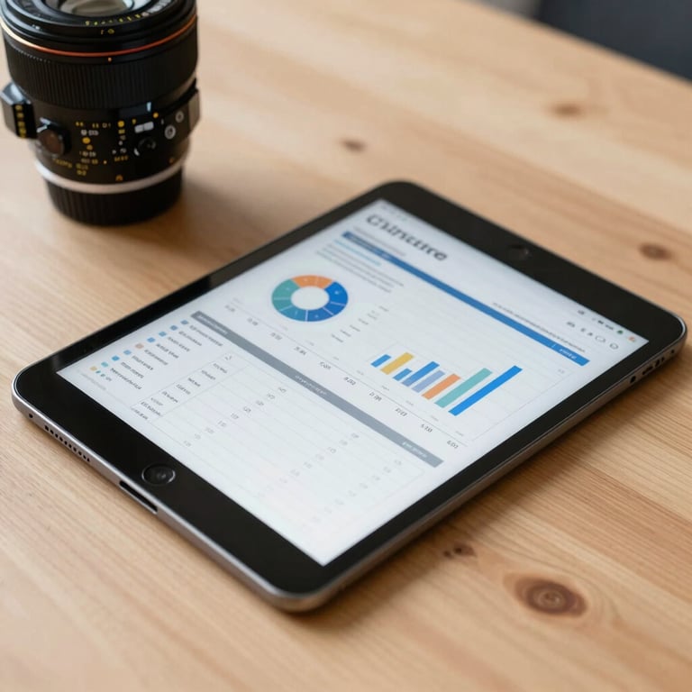 Professional documentation and a tablet showing project metrics, placed on a light sand-colored wooden table.