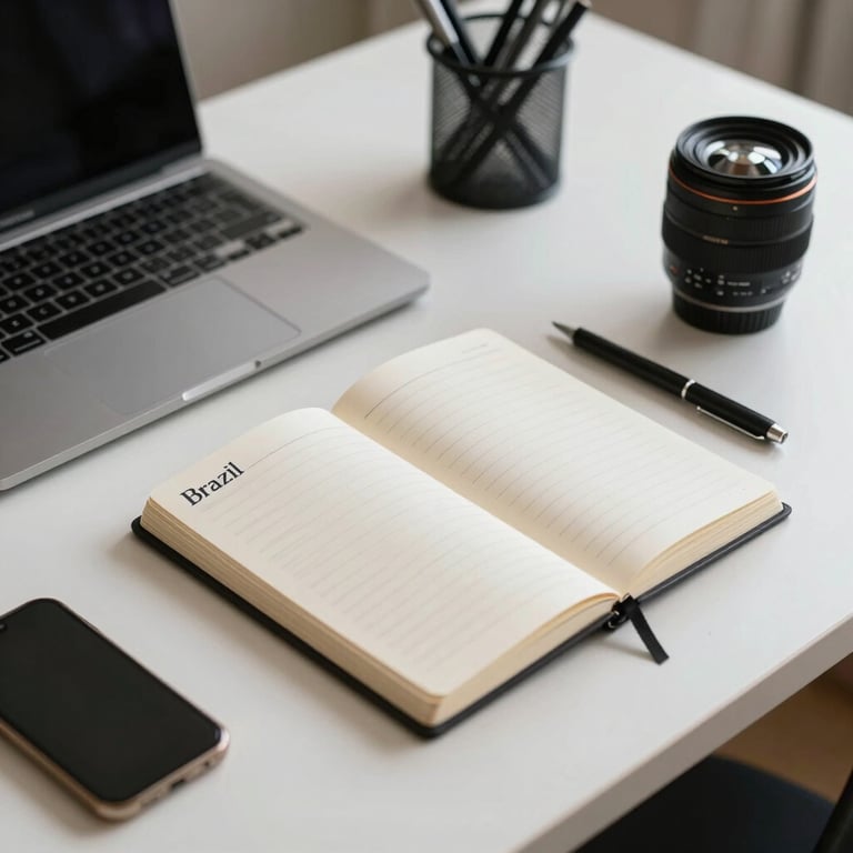 A minimalist desk setup with a professional notebook and digital devices, reflecting a organized engineering workflow in Brazil.