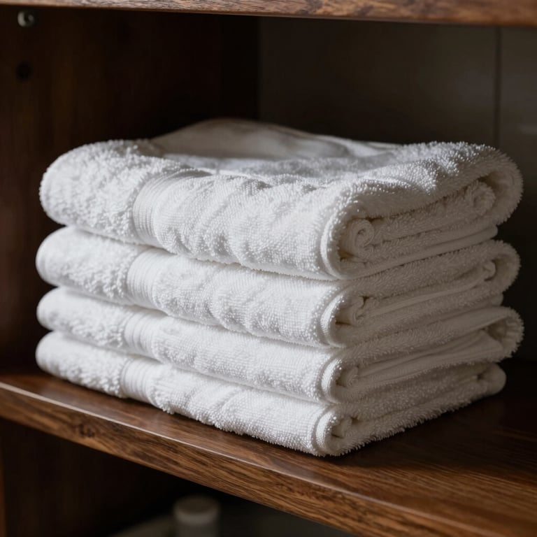 Neatly folded white cotton towels stacked on a dark wooden bathroom shelf.