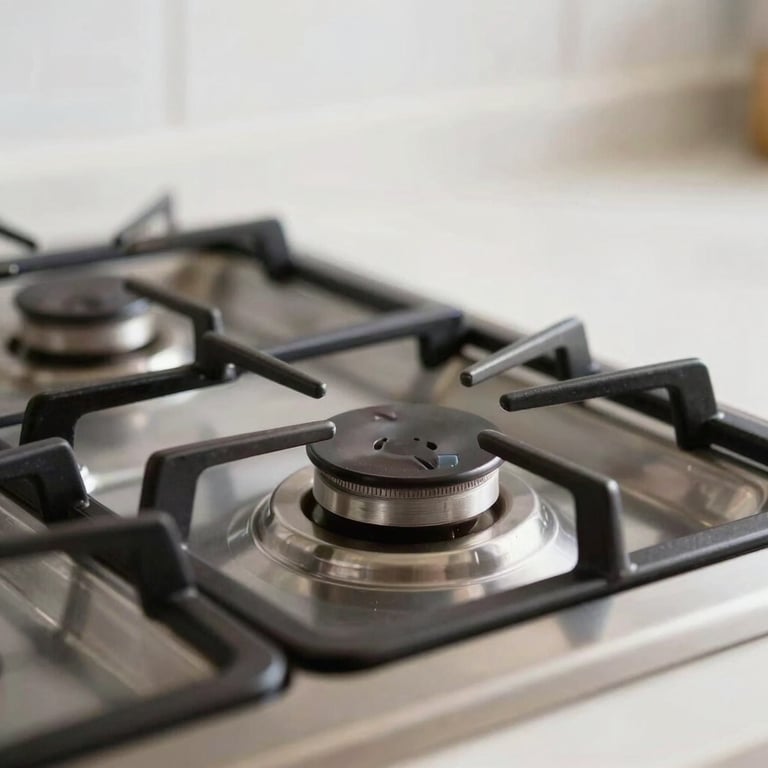 Stainless steel stove top shining and spotless in a bright modern kitchen setting.