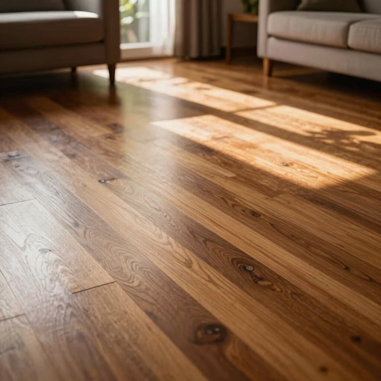 Polished wooden floor in a Brazilian living room reflecting warm afternoon sunlight.