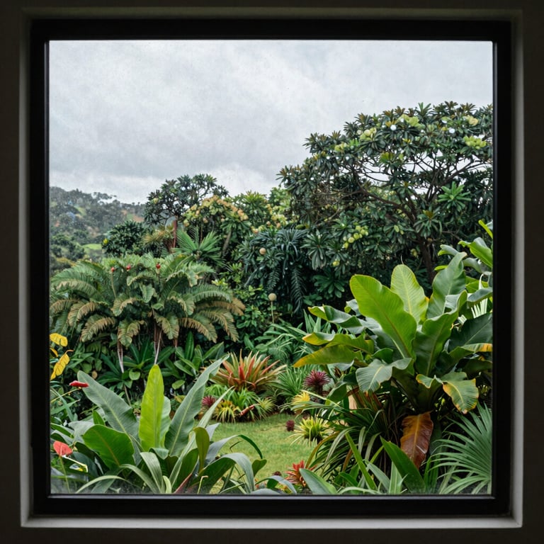 Sparkling clean window glass overlooking a lush green Brazilian garden landscape.