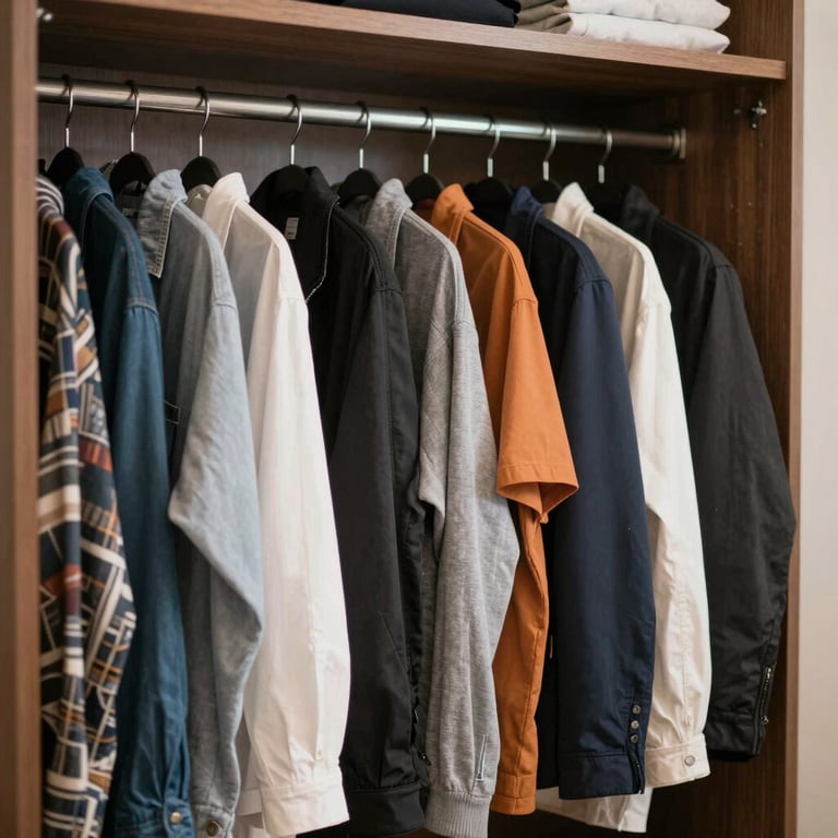An organized walk-in closet in a Brazilian residence with clothes arranged by color and style.