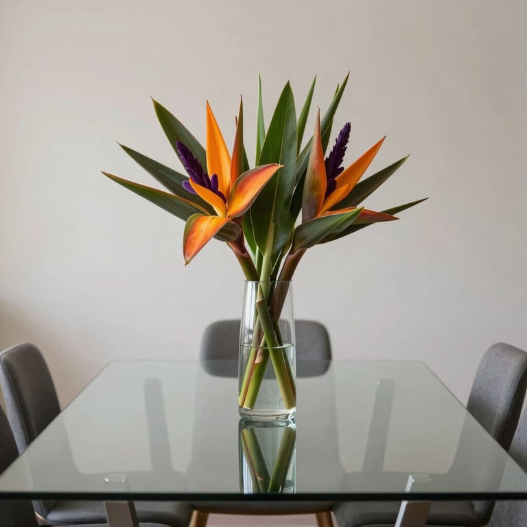 A perfectly clean glass dining table with a minimalist vase of fresh tropical flowers.