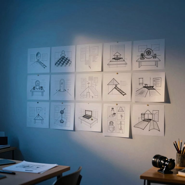 A creative workshop space with storyboard sketches on a Soft Fog wall, bathed in warm Deep Ocean Blue light.