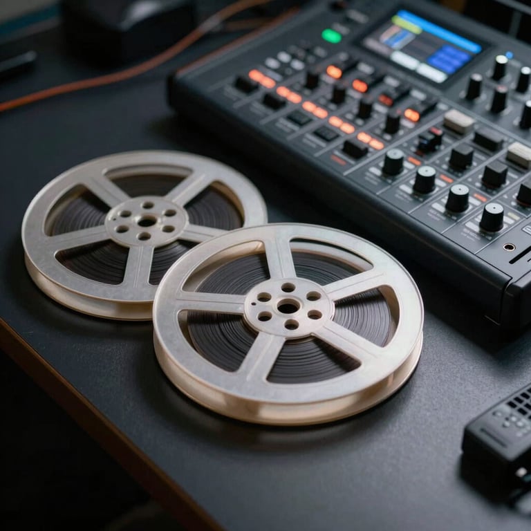 A film reel and a digital soundboard side-by-side on a Dark Navy desk, focused lighting.
