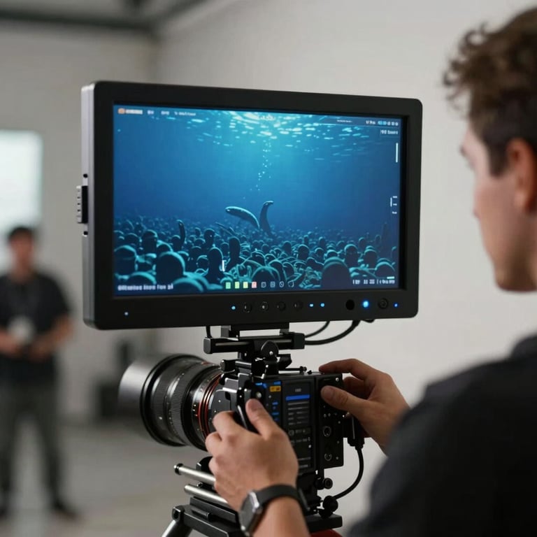 A high-end film set showing a director's monitor displaying a Deep Ocean Blue tinted scene, professional atmosphere.