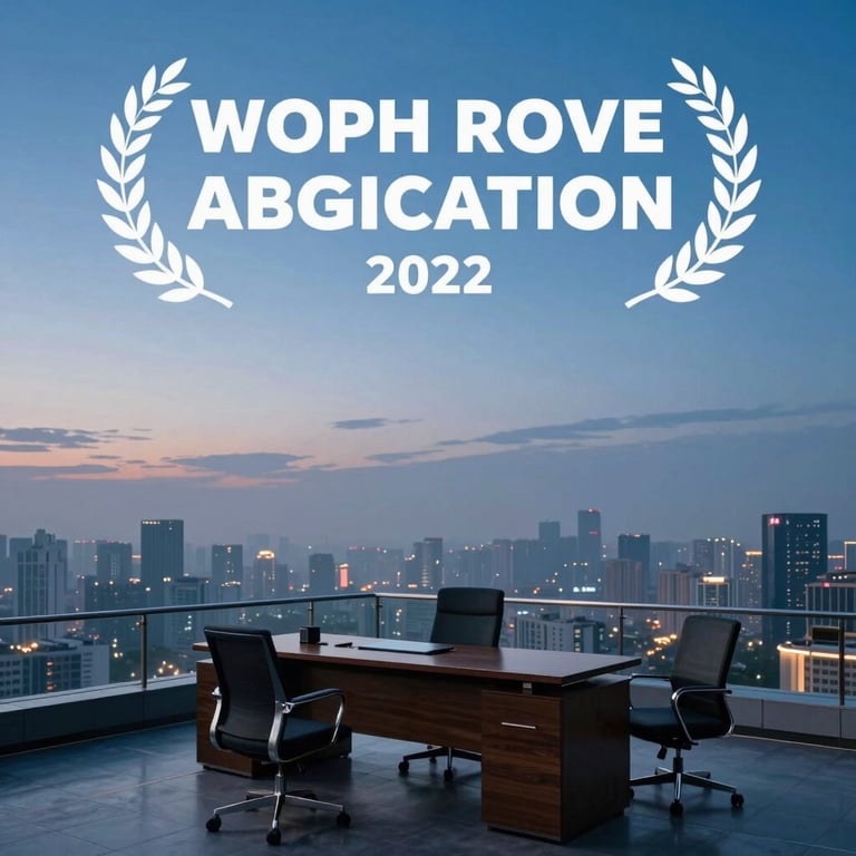 An executive office overlooking a city at dusk, Sky Blue sky, Soft Fog furniture, modern and professional.