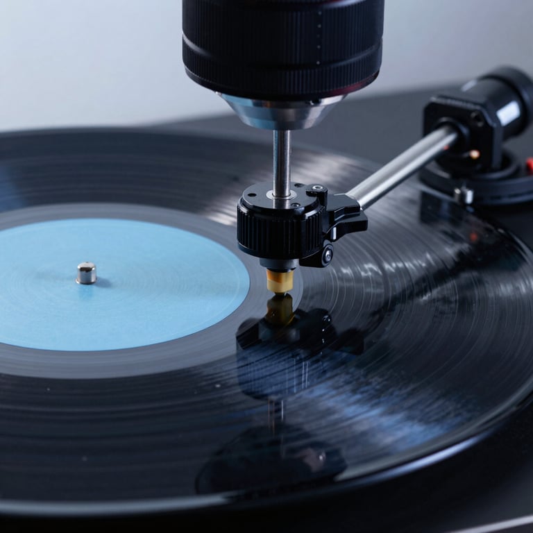 A close-up of a vinyl record being pressed, reflecting Sky Blue and Dark Navy studio lights.