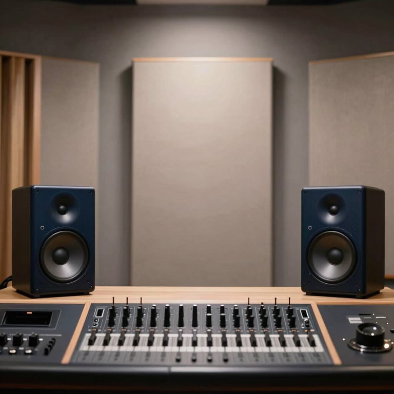 A sleek recording studio with Soft Fog acoustic panels and Dark Navy monitors, cinematic lighting.