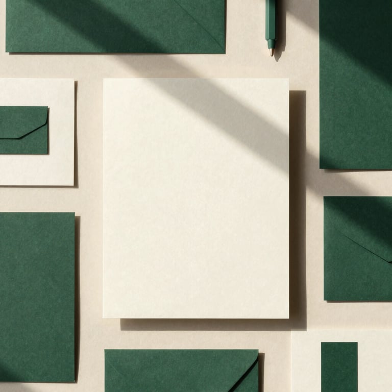 Overhead flat-lay of a complete brand stationery suite on heavy cream paper, deep green ink, natural shadows, tactile editorial style.