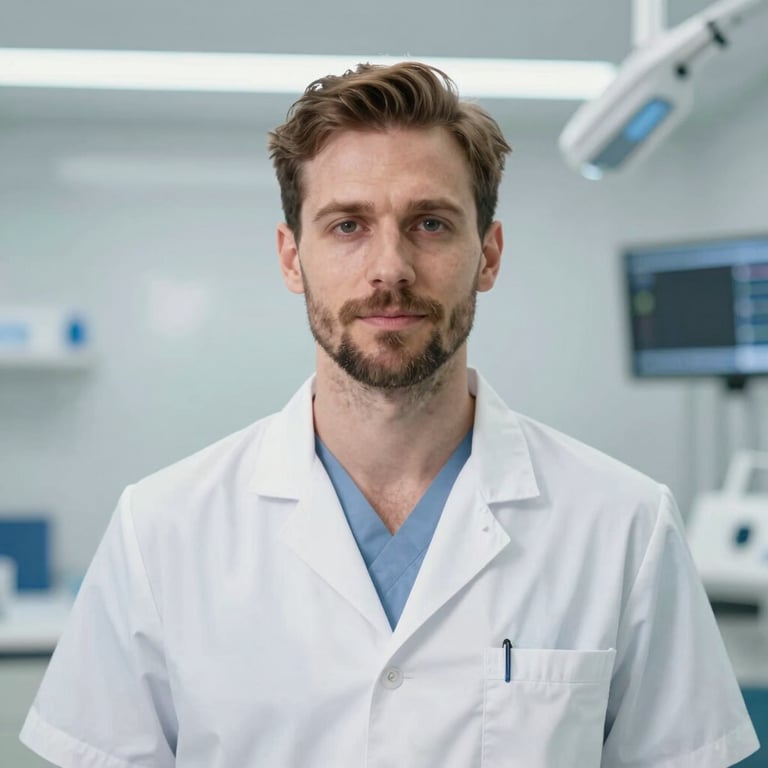 Smaidīga zobārstniecības speciāliste profesionālā tērpā modernā klīnikas vidē.