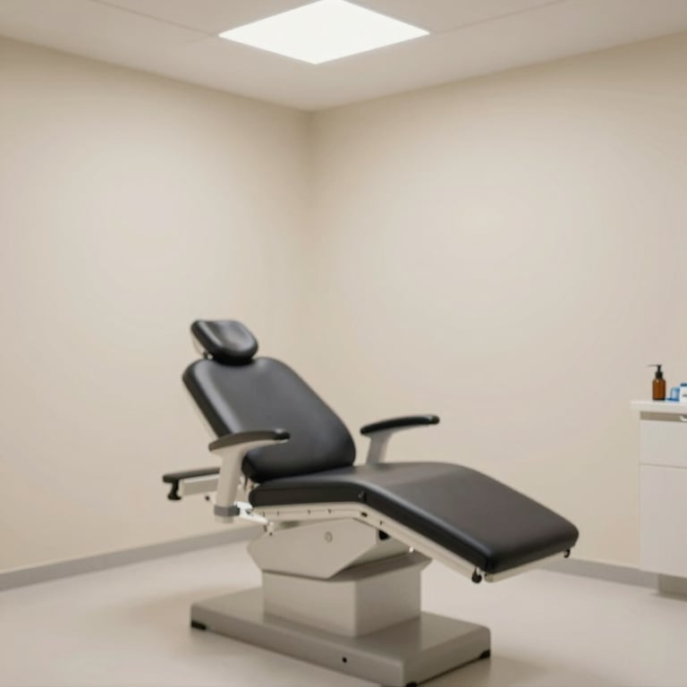 Moderns zobārstniecības kabinets ar jaunākajām tehnoloģijām un mierīgu olīvzaļu sienu krāsu.