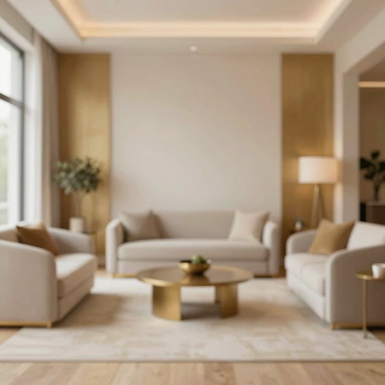 Mājīga uzgaidāmā telpa ar ērtiem krēsliem un zelta akcentiem interjerā.