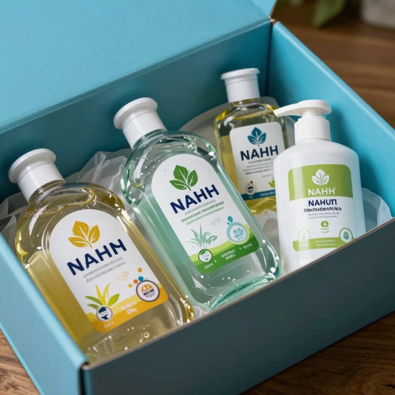 Nahaufnahme von umweltfreundlichen Reinigungsmitteln in einer hellblauen Box.