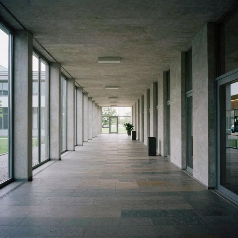 Ein heller, staubfreier Flur in einem modernen Verwaltungsgebäude in Mitteleuropa.