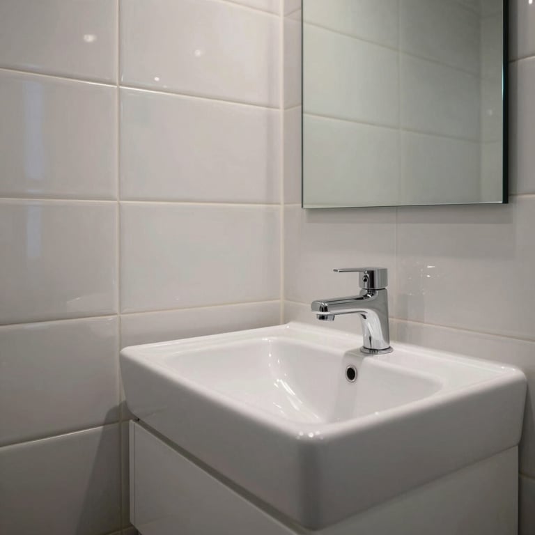 Ein strahlend sauberes modernes Badezimmer mit glänzenden Fliesen in einem deutschen Haushalt.