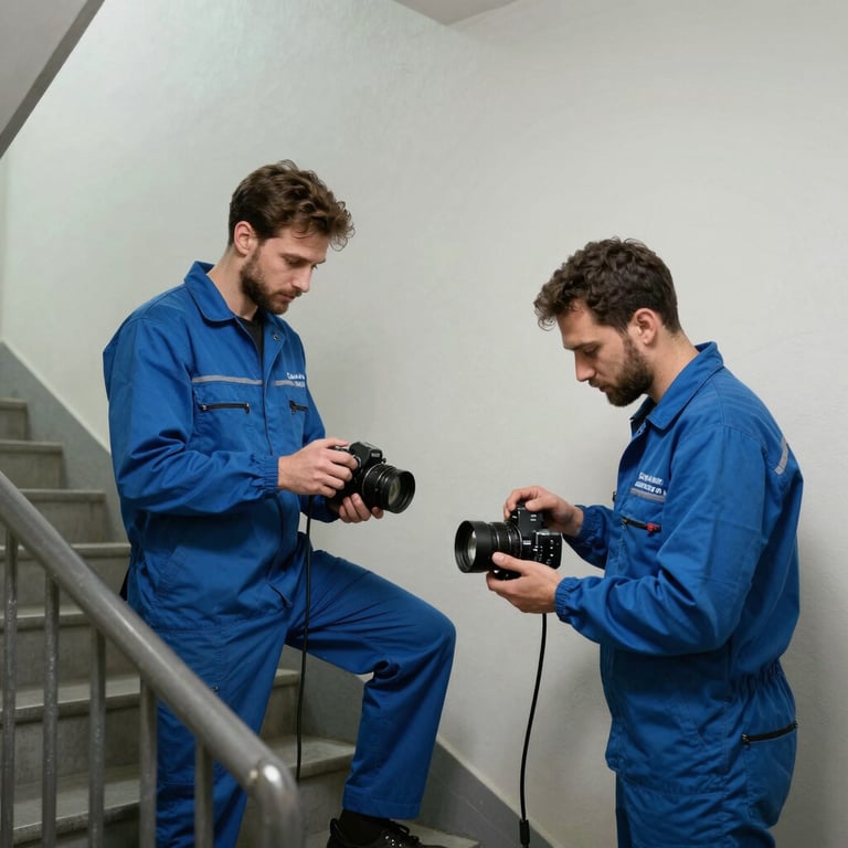 Ein Reinigungsteam in blauer Arbeitskleidung bei der Arbeit in einem Treppenhaus.