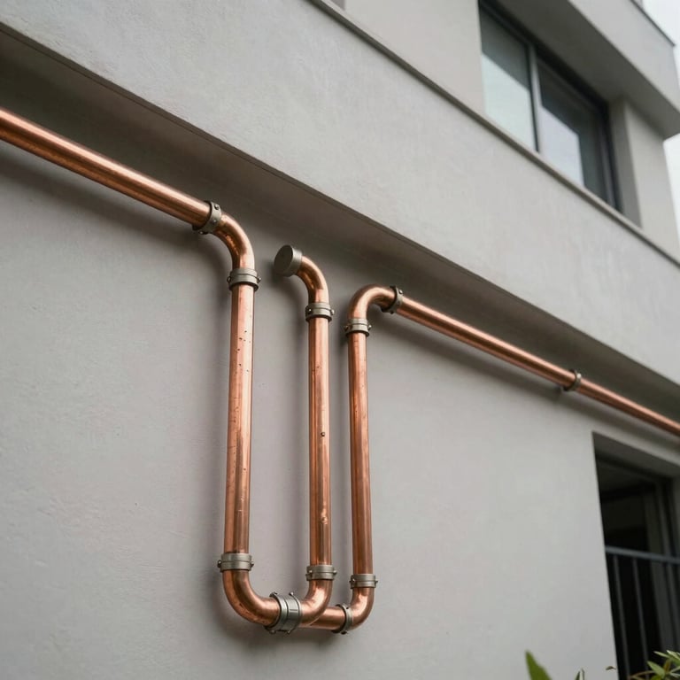 New copper gas lines professionally installed along an exterior wall of a modern Brazilian building.