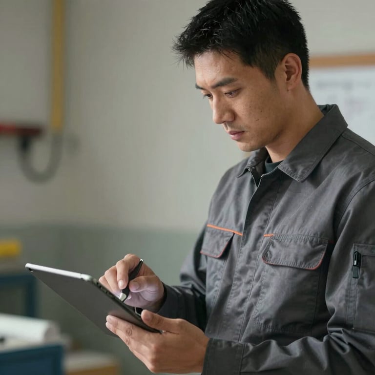 A professional plumber in a clean charcoal uniform reviewing technical plans on a tablet.