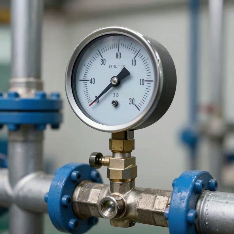 A technical pressure gauge mounted on a clean industrial water pipe system with medium blue accents.