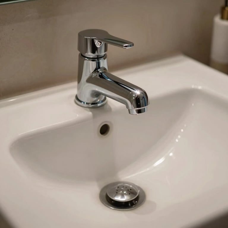 Close-up of polished chrome bathroom plumbing under a designer sink in a South American home.