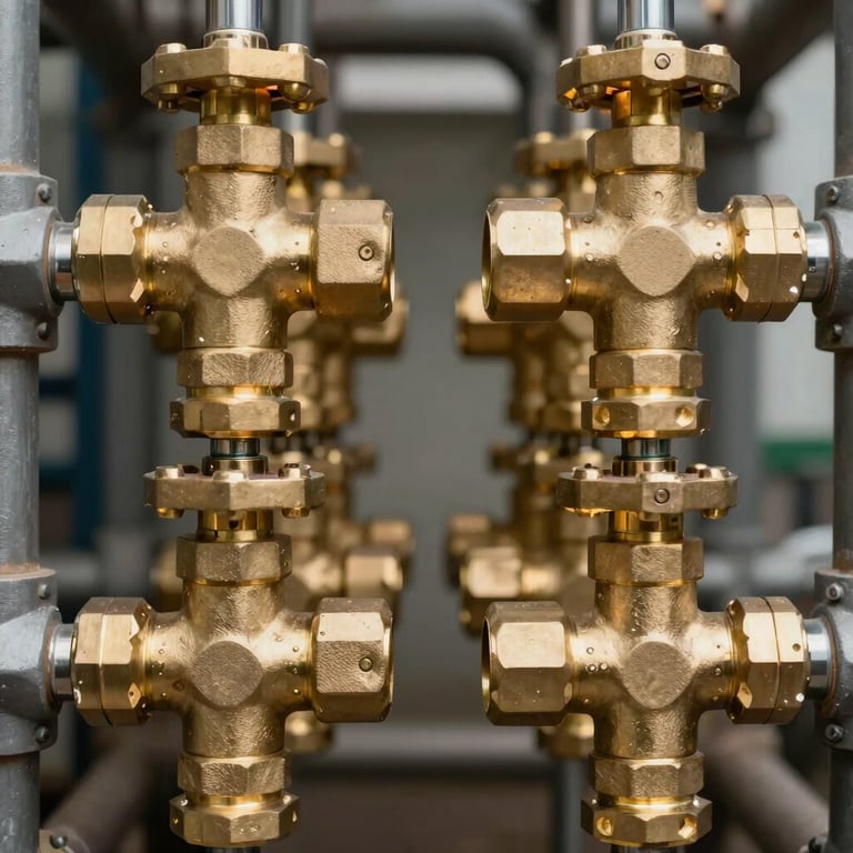 Symmetric arrangement of high-quality brass valves and connectors for a sanitary water system.