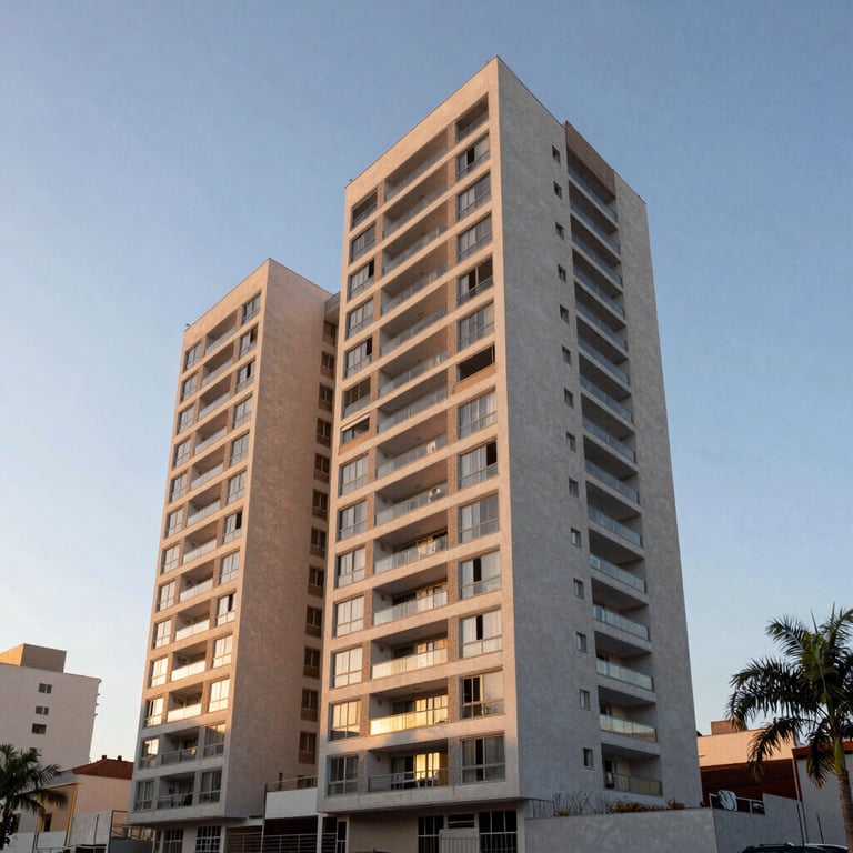 The exterior of a contemporary apartment complex in Brazil at dawn, showcasing a successful infrastructure project.