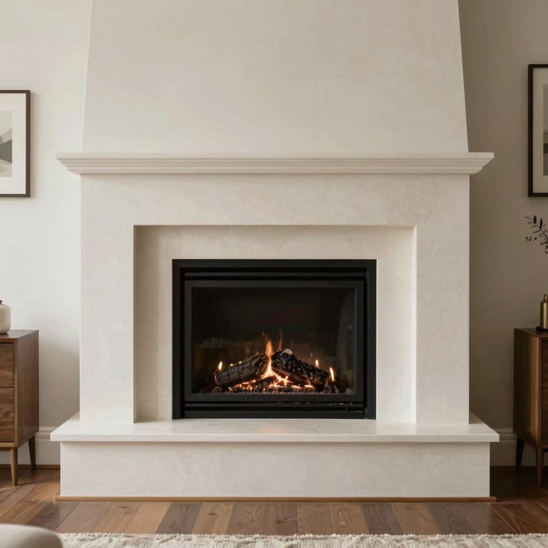 A wide shot of a modern fireplace with a clean Off-White stone hearth in a contemporary North American living room.