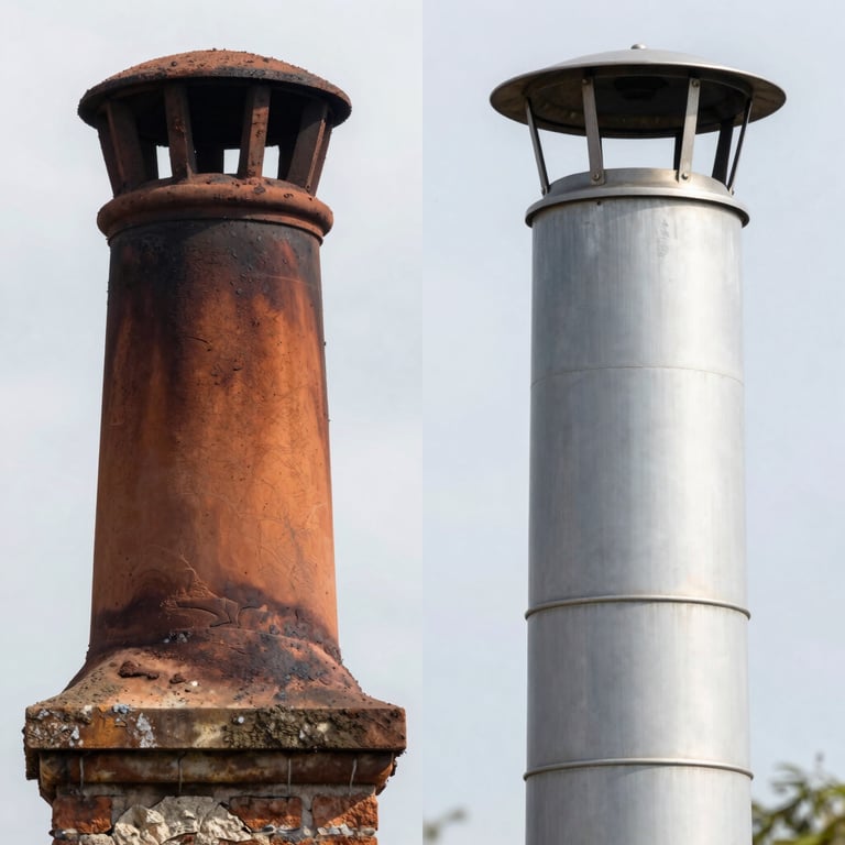 Detailed side-by-side shot of a soot-covered chimney flue next to a perfectly cleaned, safe flue.