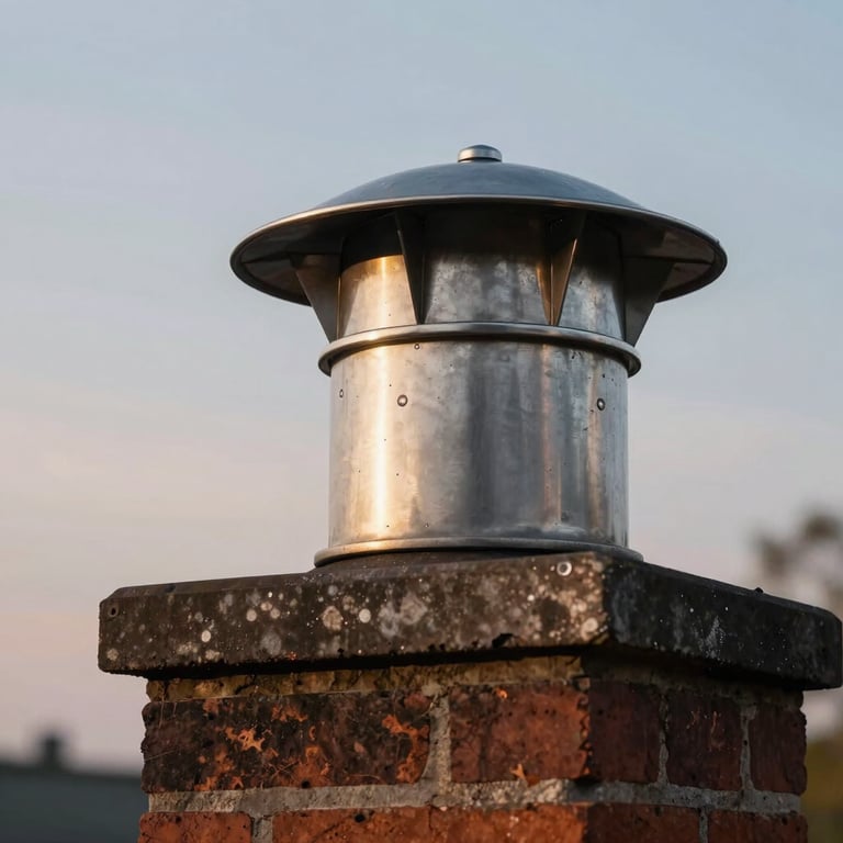 A close-up of a newly installed stainless steel chimney cap on a brick chimney against a dusk sky.