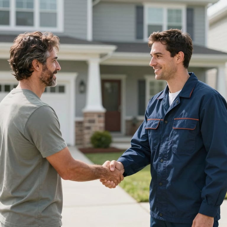 A technician in a professional uniform shaking hands with a satisfied homeowner in front of a North American house.