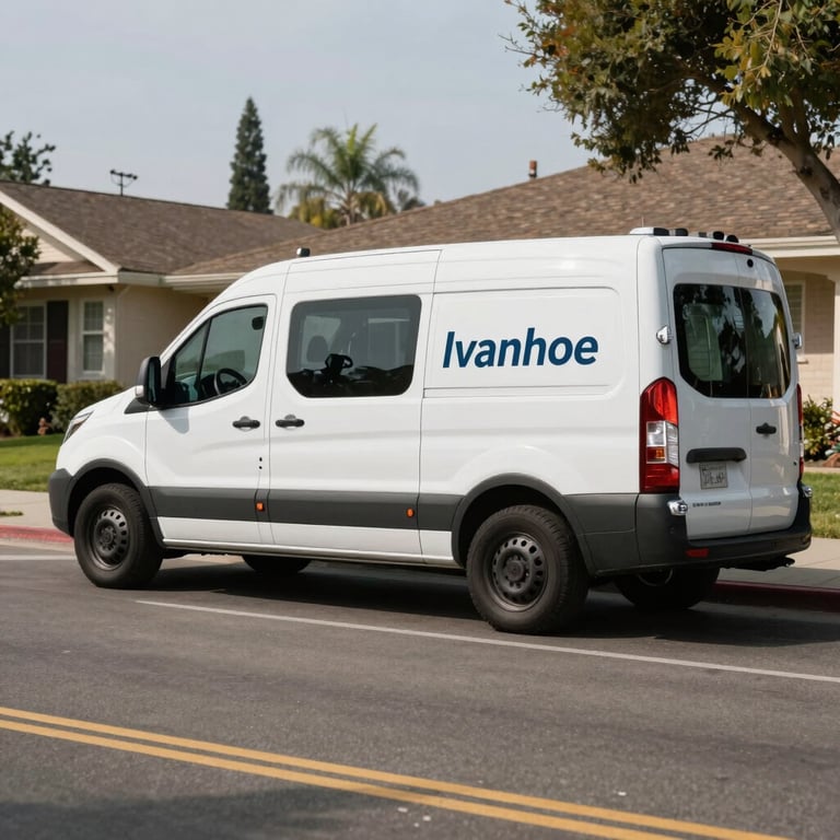 A professional service vehicle with clean branding parked on a suburban street in Ivanhoe, California.
