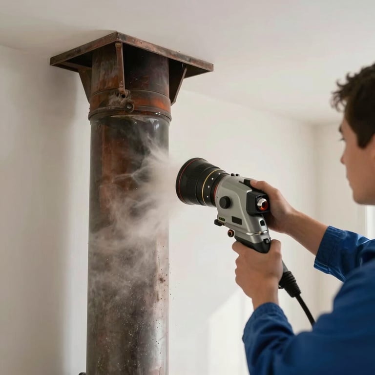 A technician using an industrial vacuum system to ensure a dust-free chimney cleaning experience inside a home.