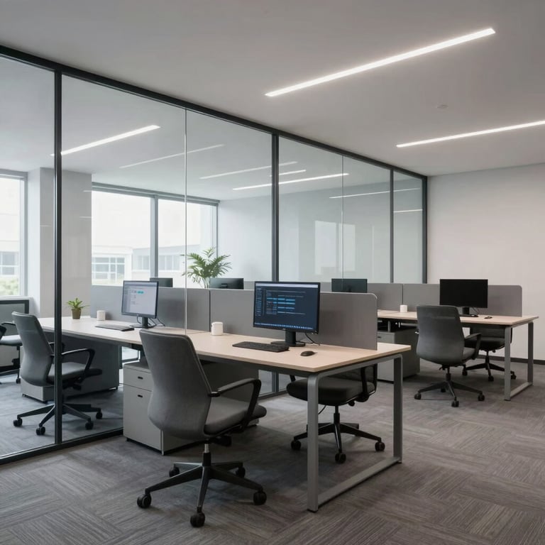 A wide shot of a clean, minimalist software development studio in the US with glass partitions and modern gray furniture.