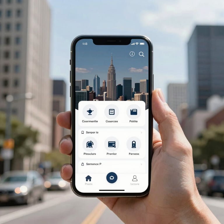 A sleek smartphone displaying a modern UI design held against a professional North American city backdrop, bright daylight, photography style.