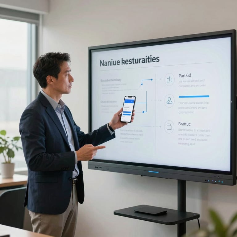 A professional in business casual attire presenting a mobile strategy on a large screen in a bright North American office.