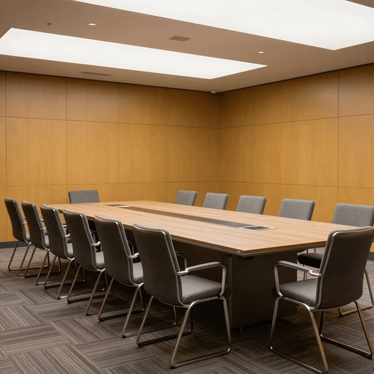 A high-tech North American conference room with gray chairs and an amber-toned feature wall, clean and professional photography.