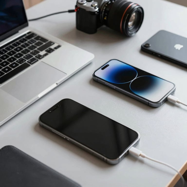 Detail shot of a modern laptop and mobile test devices on a light gray desk, organized and efficient workspace, professional photography.