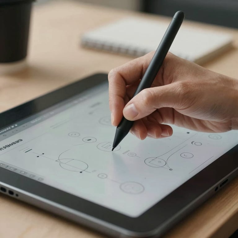 Close-up of a designer's hand using a stylus on a digital tablet to create app prototypes, soft natural lighting, professional setting.