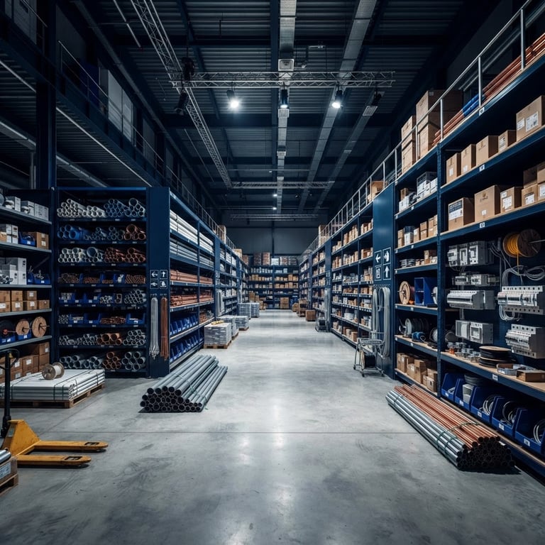 Wide panoramic view of a modern, clean construction materials warehouse in Iraq, high contrast studio lighting, deep blue and metallic tones, organized shelves with various pipes and electrical supplies, low horizon, expansive space, focus on quality and order.