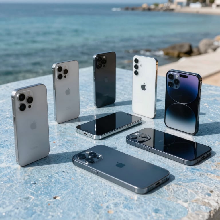 A group of modern smartphones arranged artistically on a light blue stone surface, illuminated by natural sunlight in a Gulf setting.