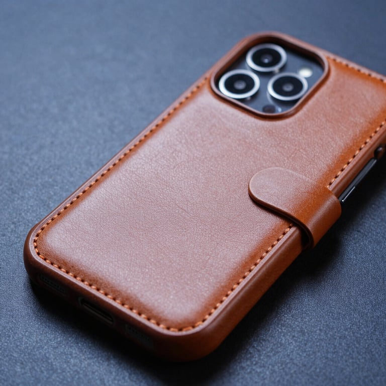 A macro photograph of a high-quality leather phone case with intricate stitching, set against a dark blue background.