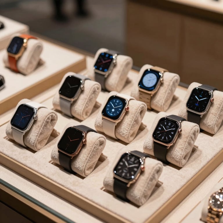 An elegant display of premium smartwatches with various straps on velvet cushions inside a well-lit showcase.